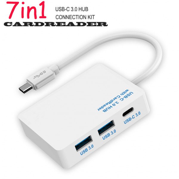 Wholesale 7 in 1 USB-C / Type-C USB 3.0 Hub with Card Reader for Phone, Tablet, Laptop, Macbook, and More (White)